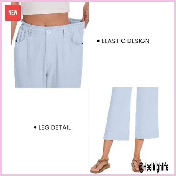 Summer Capri Pants Drawstring Waist Wide Leg Loose Fit Casual Trousers - Picture 4 of 7